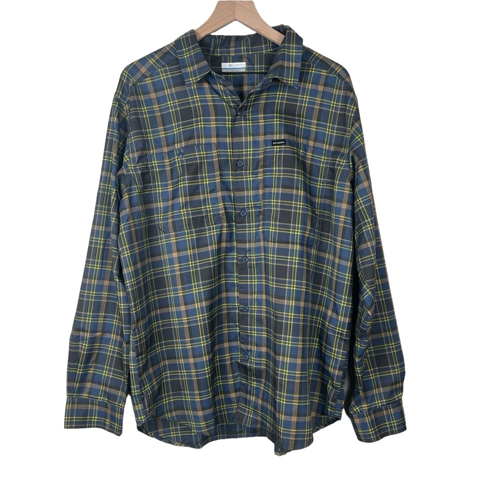 Columbia Mens Large Blue Black Plaid‎ Omni Shade Outdoor Camping Hiking Shirt